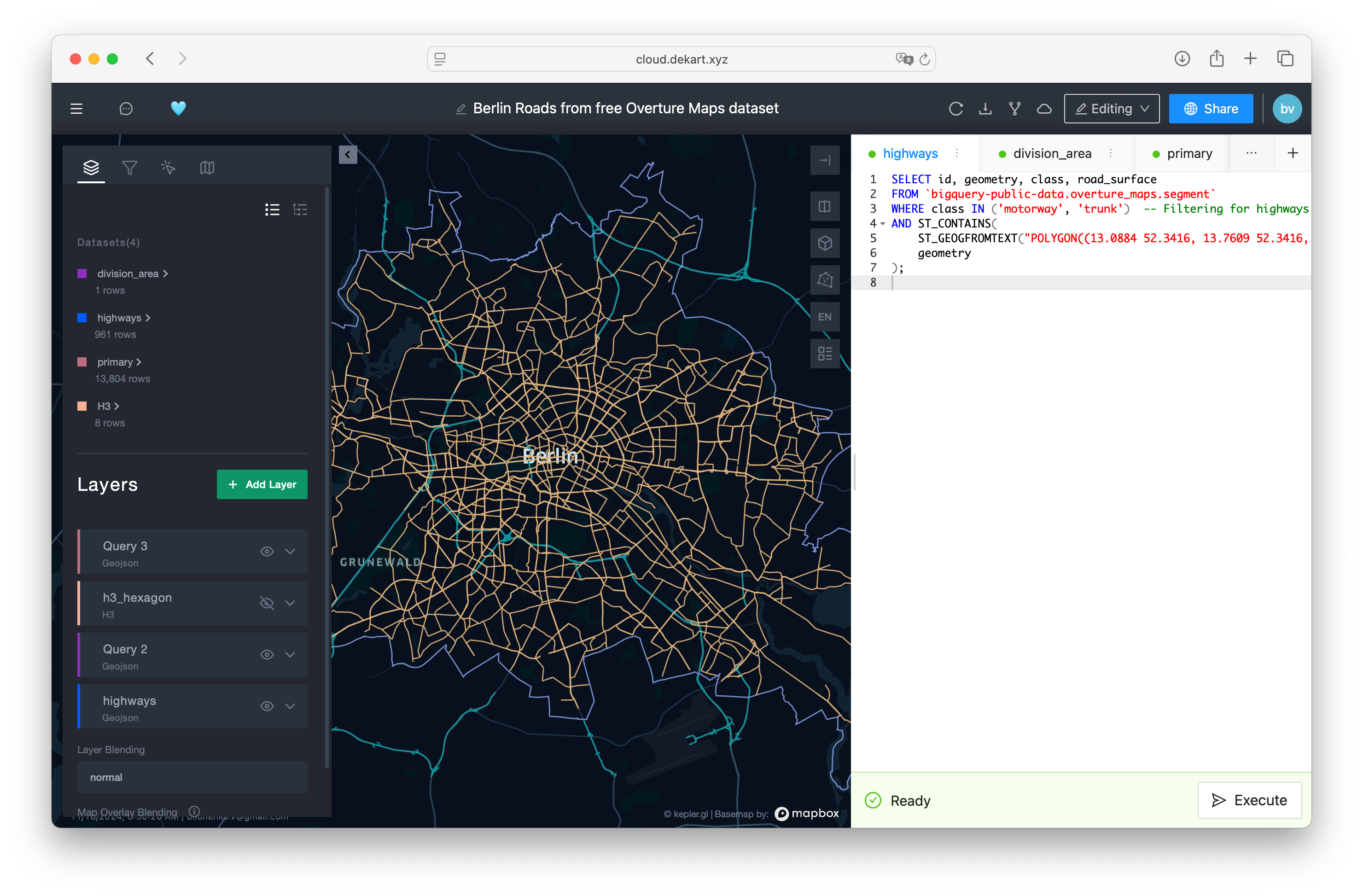Dekart Example: All Nevada Roads from free Overture Maps dataset