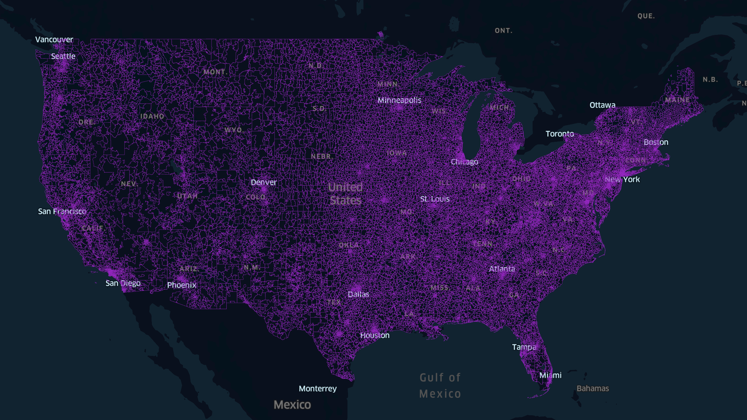 All US Zip Codes Geometries Visualized with Dekart