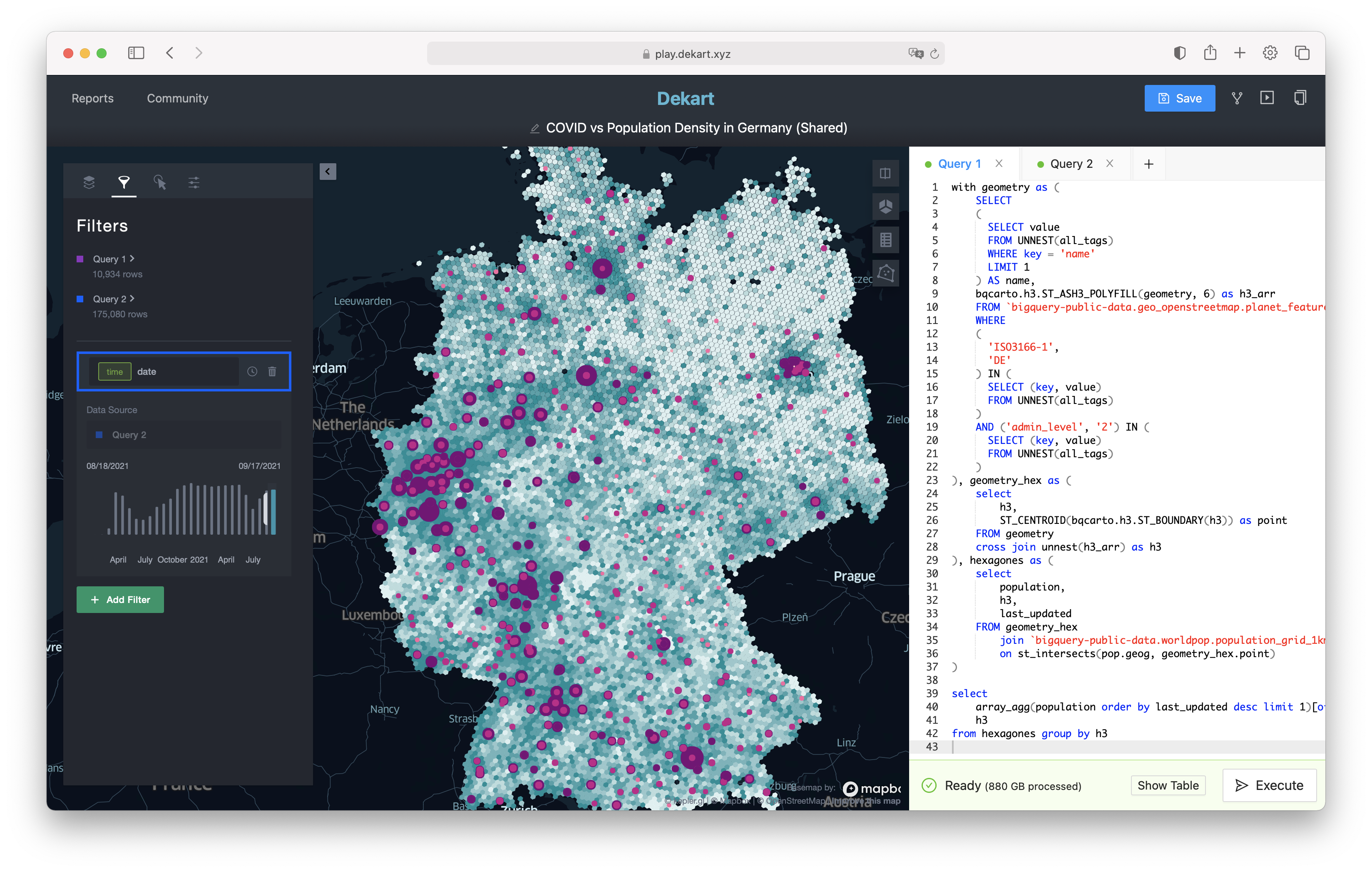 Dekart Example: COVID and Population Density Map in Germany using BigQuery Public Datasets